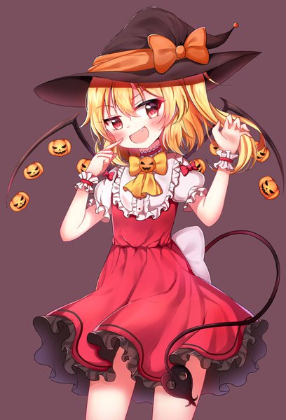 Anime picture 1700x2500 with touhou flandre scarlet hanen (borry) single tall image blush fringe short hair open mouth simple background blonde hair hair between eyes red eyes standing :d fang (fangs) puffy sleeves one side up halloween alternate wings