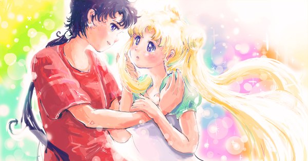 Anime picture 1390x728 with bishoujo senshi sailor moon toei animation tsukino usagi seiya kou long hair blush blue eyes black hair blonde hair smile wide image purple eyes twintails ponytail light smile hair bun (hair buns) couple hug face to face crescent