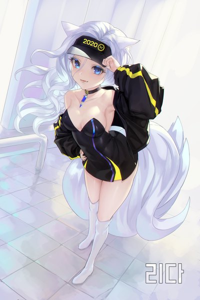 Anime picture 2000x3000 with blade & soul egk513 single long hair tall image looking at viewer fringe highres breasts open mouth blue eyes light erotic simple background hair between eyes large breasts standing bare shoulders animal ears cleavage silver hair