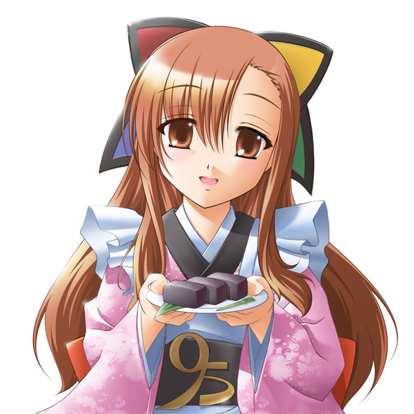 Anime picture 1000x1000 with os-tan 95-tan single long hair looking at viewer open mouth simple background brown hair white background brown eyes traditional clothes japanese clothes girl food kimono wagashi