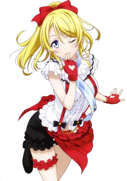 Anime picture 2142x3063 with love live! school idol project sunrise (studio) love live! ayase eli inou shin single long hair tall image looking at viewer blush highres blue eyes simple background blonde hair white background ponytail one eye closed wink scan finger to mouth