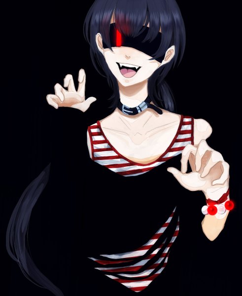 Anime picture 1129x1380 with shinya single long hair tall image fringe open mouth simple background blue hair teeth black background girl choker bracelet tongue