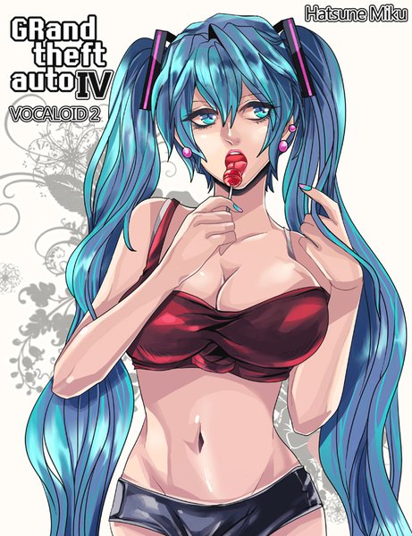 Anime picture 650x845 with grand theft auto vocaloid hatsune miku cats-bee single tall image fringe breasts open mouth light erotic simple background hair between eyes large breasts twintails holding looking away very long hair nail polish aqua eyes fingernails