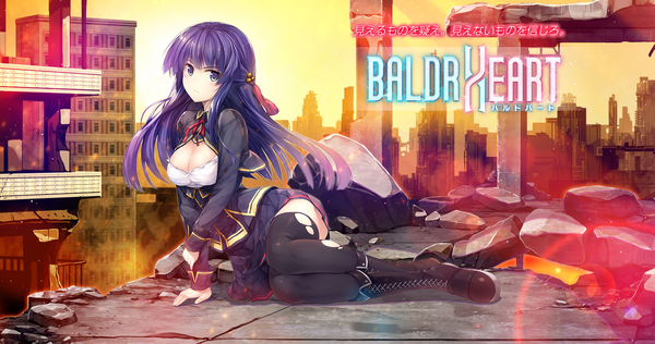 Anime picture 2000x1054 with baldr (series) baldr heart giga tsukuyomi (baldr heart) hinooka shuuji single long hair looking at viewer highres breasts blue eyes black hair wide image cleavage inscription girl thighhighs skirt black thighhighs miniskirt