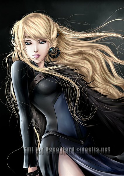 Anime picture 600x848 with original m-aelis single long hair tall image blue eyes blonde hair looking away lips girl earrings clothes