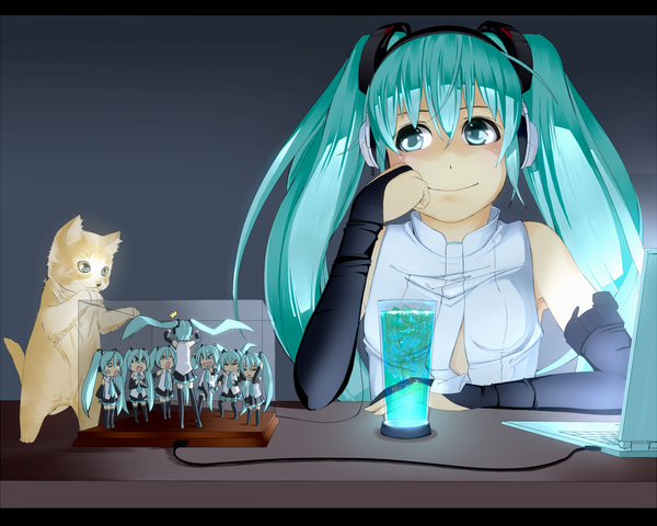 Anime picture 1000x800 with vocaloid hatsune miku nyanmaru (artist) single long hair smile twintails bare shoulders aqua eyes aqua hair girl headphones cat doll (dolls)