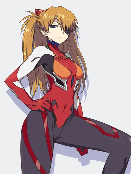 Anime picture 1000x1333 with neon genesis evangelion rebuild of evangelion evangelion: 3.0 you can (not) redo gainax soryu asuka langley shikinami asuka langley chan co single long hair tall image looking at viewer blue eyes simple background brown hair standing grey background shadow two side up hand on hip covered navel