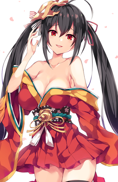 Anime picture 909x1400 with azur lane taihou (azur lane) unacchi (nyusankin) single long hair tall image looking at viewer blush fringe breasts open mouth light erotic black hair simple background hair between eyes red eyes large breasts white background twintails payot