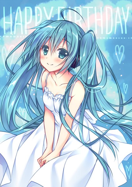 Anime picture 626x885 with project diva f 2nd vocaloid hatsune miku sorai shin'ya single tall image looking at viewer blush fringe smile hair between eyes twintails payot ahoge very long hair aqua eyes floating hair hands clasped happy birthday girl
