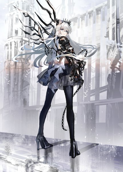 Anime picture 3824x5334 with original nanaponi single long hair tall image looking at viewer fringe highres hair between eyes standing absurdres full body outdoors white hair looking back from behind high heels two side up white eyes girl