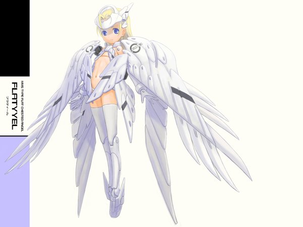 Anime picture 1920x1440 with busou shinki single long hair highres blue eyes light erotic simple background blonde hair white background inscription mechanical wings girl