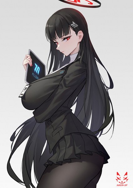 Anime picture 1500x2122 with blue archive rio (blue archive) shadow cat single long hair tall image looking at viewer fringe breasts light erotic black hair simple background red eyes large breasts standing holding signed ass blunt bangs pleated skirt