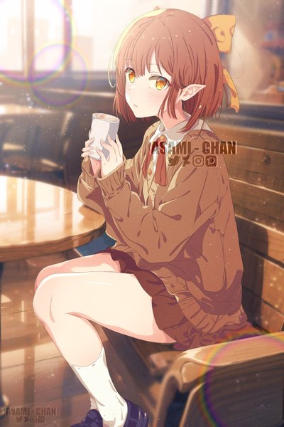 Anime picture 1850x2775 with original asami-chan single tall image looking at viewer highres short hair brown hair sitting yellow eyes indoors pointy ears lens flare watermark girl skirt bow hair bow miniskirt socks
