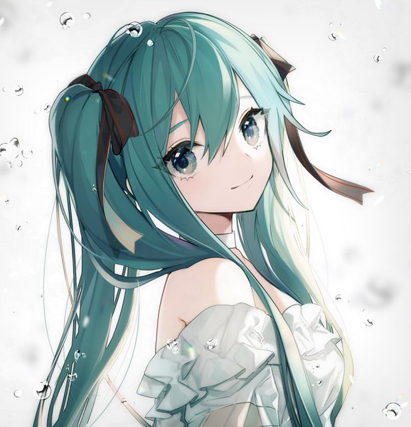 Anime picture 2893x3000 with vocaloid hatsune miku spinel cranweiss (artist) single long hair tall image looking at viewer fringe highres hair between eyes twintails bare shoulders upper body aqua eyes light smile aqua hair turning head girl ribbon (ribbons) hair ribbon