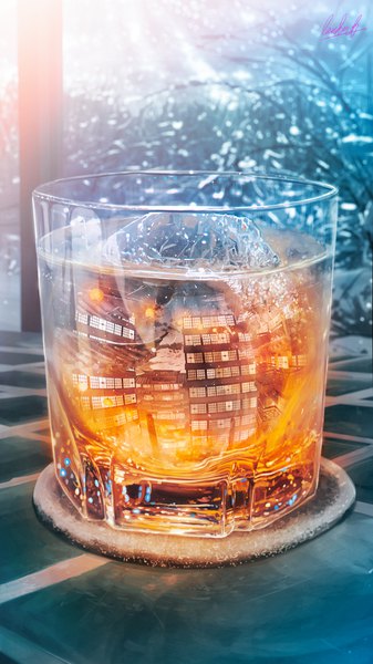 Anime picture 3282x5833 with original banishment tall image highres signed absurdres sky cloud (clouds) blurry depth of field reflection no people scenic building (buildings) alcohol glass ice whiskey