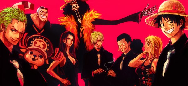 Anime picture 1158x532 with one piece toei animation nami (one piece) monkey d. luffy nico robin roronoa zoro sanji tony tony chopper usopp franky brook (one piece) tsuyomaru long hair looking at viewer fringe short hair open mouth black hair simple background blonde hair