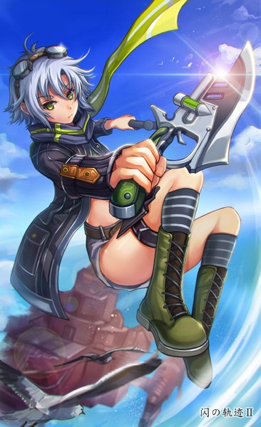 Anime picture 915x1500 with eiyuu densetsu fie claussell cj man single tall image looking at viewer short hair green eyes sky cloud (clouds) white hair girl weapon animal jacket shorts boots scarf bird (birds) goggles