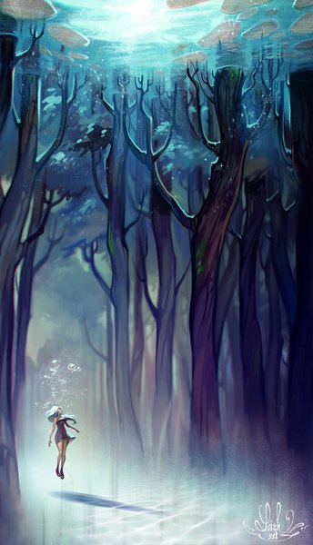 Anime picture 600x1046 with original loish single long hair tall image bare shoulders blue hair looking away shadow looking up underwater glow girl dress plant (plants) tree (trees) water socks black dress black socks