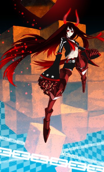 Anime picture 1000x1639 with black rock shooter black gold saw single long hair tall image red eyes red hair horn (horns) checkered checkered background mechanical parts girl gloves weapon jacket shorts fingerless gloves star (stars) chain bikini top