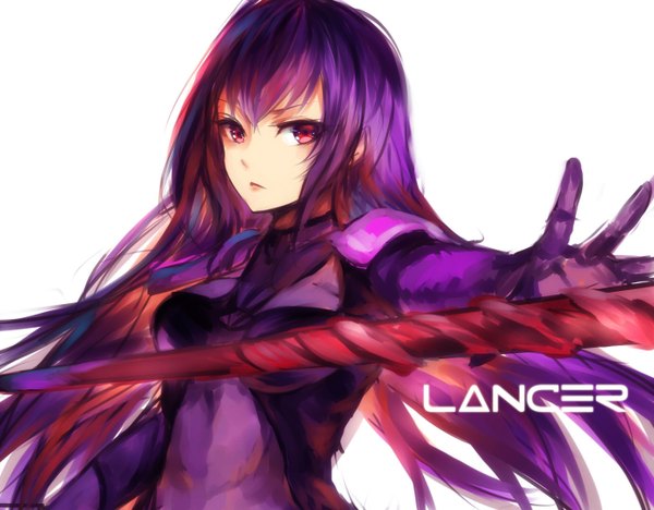 Anime picture 1382x1080 with fate (series) fate/grand order type-moon scathach (fate) (all) scathach (fate) mi bait single long hair fringe breasts simple background red eyes large breasts white background purple hair character names outstretched arm outstretched hand girl weapon