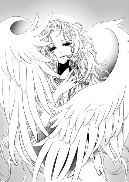 Anime picture 1004x1416 with original morikura en single long hair tall image looking at viewer simple background grey background monochrome wavy hair angel wings white wings girl wings cross