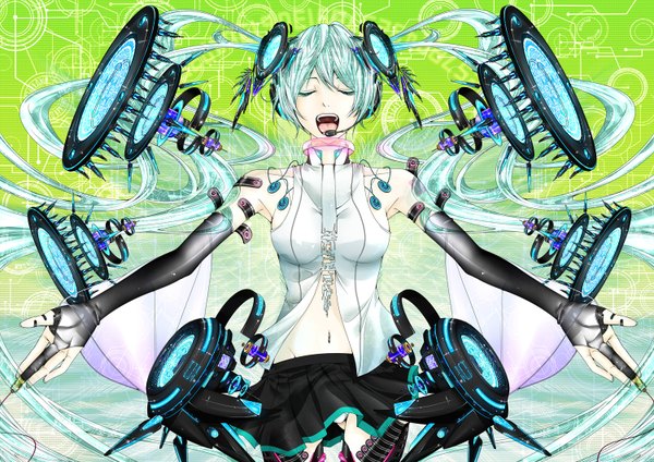 Anime picture 1500x1060 with vocaloid vocaloid append hatsune miku hatsune miku (append) bouno satoshi single open mouth twintails bare shoulders eyes closed very long hair aqua hair girl skirt gloves elbow gloves fingerless gloves speakers