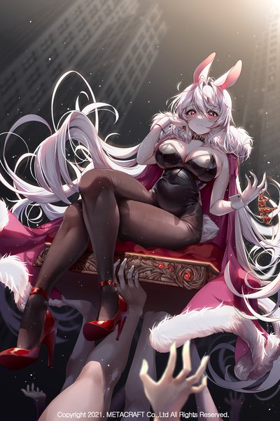 Anime picture 2000x3000 with original tacco (tikeworld) long hair tall image blush fringe highres breasts light erotic hair between eyes red eyes large breasts sitting holding animal ears cleavage silver hair full body ahoge bent knee (knees)