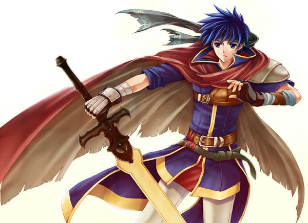 Anime picture 1000x728 with fire emblem fire emblem: path of radiance nintendo ike hagiwara rin single short hair blue eyes simple background white background blue hair boy sword belt hairband armor fingerless gloves cloak
