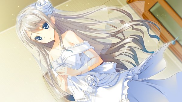 Anime picture 1024x576 with yomehapi long hair blue eyes wide image game cg grey hair girl dress wedding dress