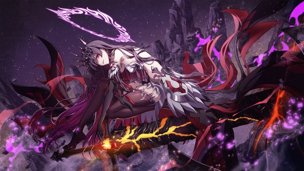 Anime picture 2844x1600 with counter:side rosaria le friede (counter:side) sakon04 (sakonlieur) single looking at viewer highres open mouth red eyes wide image purple hair full body bent knee (knees) outdoors very long hair night no shoes night sky turning head back magic