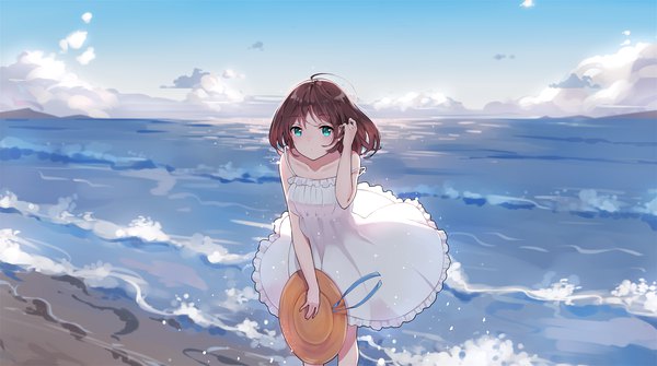 Anime picture 2363x1321 with original gkn levi single blush fringe highres short hair brown hair wide image standing bare shoulders holding sky cloud (clouds) aqua eyes wind leaning leaning forward beach adjusting hair