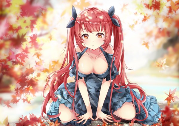Anime picture 1800x1273 with azur lane honolulu (azur lane) mutang single long hair looking at viewer blush fringe highres breasts light erotic large breasts twintails bare shoulders cleavage red hair blunt bangs arm support orange eyes alternate costume