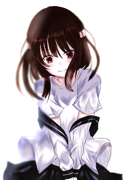 Anime picture 1075x1518 with sachi-iro no one room sachi (sachi-iro no one room) rei (rei 25 25) single long hair tall image blush fringe simple background smile hair between eyes brown hair standing white background brown eyes looking away off shoulder girl skirt bandage (bandages)