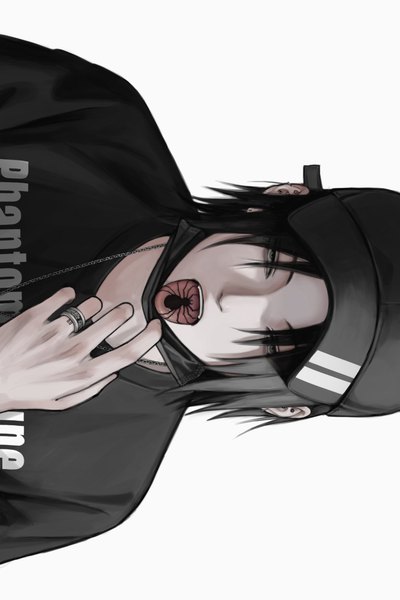 Anime picture 2000x3000 with hunter x hunter feitan likeu 99 single tall image highres short hair black hair simple background white background upper body tattoo mask pull sideways boy tongue ring baseball cap surgical mask