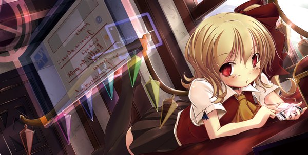 Anime picture 1920x971 with touhou flandre scarlet kaisu blush highres short hair blonde hair red eyes wide image girl thighhighs bow black thighhighs hair bow wings crystal