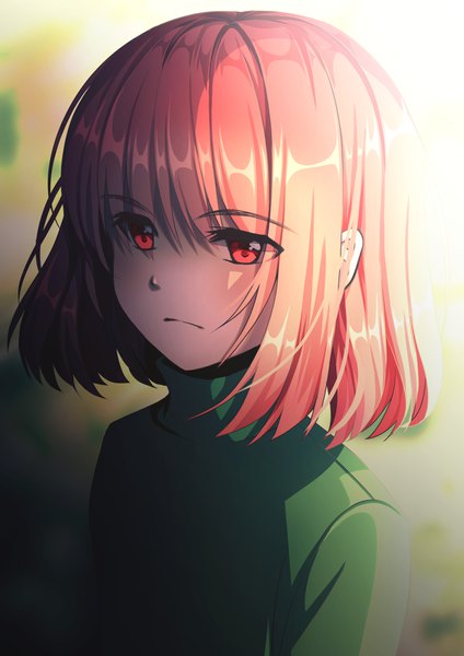 Anime picture 1191x1684 with undertale chara (undertale) fj (artist) single tall image looking at viewer blush fringe short hair red eyes brown hair upper body hair over one eye androgynous sweater turtleneck