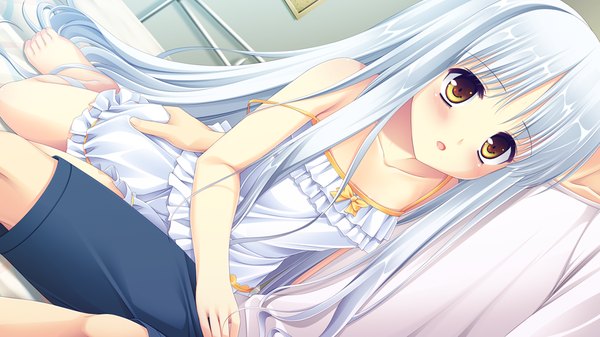Anime picture 1024x576 with lovely quest sakuraba minaho long hair blush open mouth wide image yellow eyes game cg white hair girl sundress