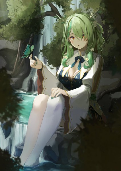 Anime picture 1178x1663 with virtual youtuber hololive hololive english ceres fauna ceres fauna (1st costume) nyan (reinyan 007) single long hair tall image fringe breasts sitting cleavage outdoors nail polish hair flower horn (horns) green hair hair over one eye orange eyes