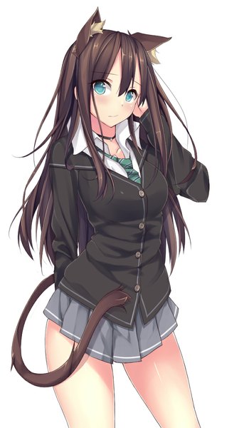 Anime picture 666x1165 with idolmaster idolmaster cinderella girls shibuya rin bonkiru single long hair tall image looking at viewer blush blue eyes simple background brown hair white background animal ears tail animal tail pleated skirt cat ears cat girl cat tail