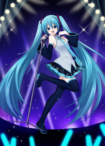 Anime picture 800x1107 with vocaloid hatsune miku sudachi (calendar) single tall image looking at viewer fringe open mouth smile hair between eyes standing twintails bare shoulders holding full body very long hair nail polish :d aqua eyes aqua hair