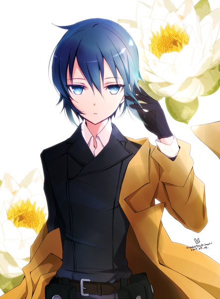 Anime picture 850x1153 with kino no tabi kino (kino no tabi) tsukimori usako single tall image looking at viewer fringe short hair blue eyes hair between eyes blue hair upper body long sleeves off shoulder adjusting hair dated reverse trap girl gloves flower (flowers)