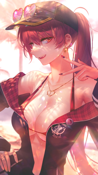 Anime picture 2160x3840 with virtual youtuber hololive houshou marine houshou marine (summer) handot (d yot ) single long hair tall image looking at viewer blush fringe highres breasts open mouth light erotic hair between eyes red eyes large breasts standing upper body
