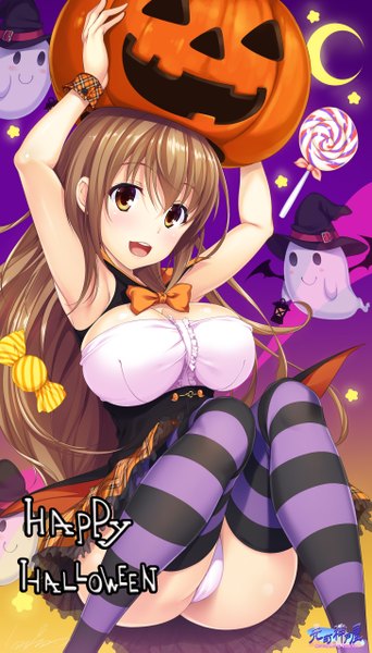 Anime picture 1456x2550 with original hozumi kaoru single long hair tall image looking at viewer blush breasts open mouth light erotic brown hair large breasts brown eyes halloween happy halloween girl thighhighs dress underwear panties