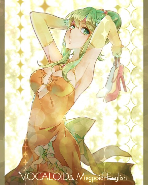 Anime picture 1000x1250 with vocaloid gumi nou single long hair tall image looking at viewer blush fringe breasts light erotic green eyes green hair inscription no bra armpit (armpits) alternate hairstyle arms behind head shoes removed hair up