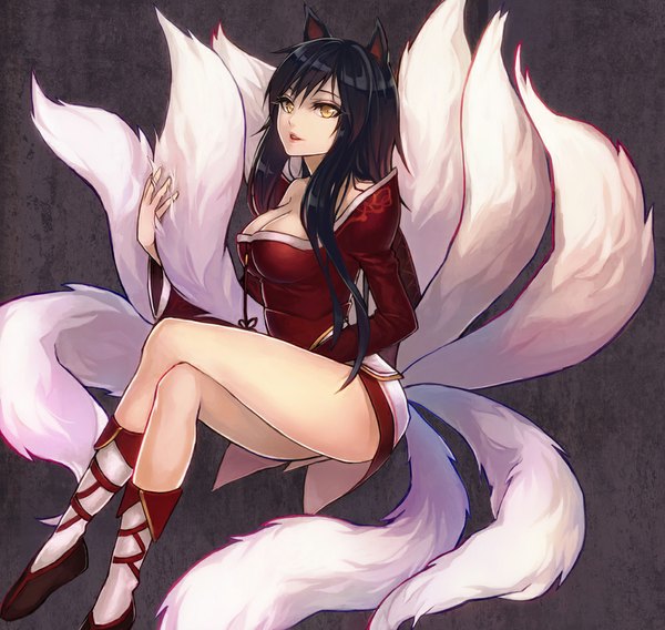 Anime picture 1000x948 with league of legends ahri (league of legends) 8c soul4444 single long hair breasts open mouth light erotic black hair simple background large breasts sitting bare shoulders animal ears yellow eyes cleavage tail animal tail cat ears