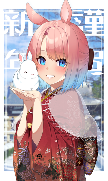 Anime picture 2418x4045 with original go-1 single tall image looking at viewer highres short hair blue eyes smile holding animal ears pink hair upper body traditional clothes japanese clothes bunny ears grin gradient hair half updo new year