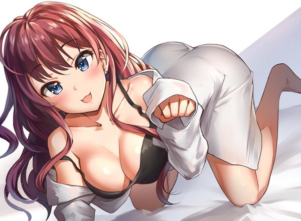 Anime picture 1063x780 with idolmaster idolmaster cinderella girls ichinose shiki takeashiro single long hair looking at viewer blush fringe breasts open mouth blue eyes light erotic brown hair large breasts bare shoulders cleavage long sleeves head tilt on all fours