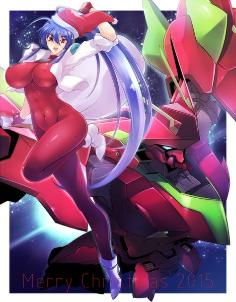 Anime picture 800x1023 with original haganef single tall image looking at viewer breasts light erotic smile red eyes large breasts blue hair purple hair bent knee (knees) very long hair erect nipples covered nipples christmas merry christmas girl navel