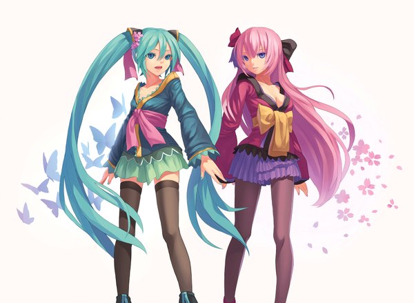 Anime picture 2000x1466 with vocaloid magnet (vocaloid) hatsune miku megurine luka fkey long hair highres blue eyes twintails multiple girls pink hair aqua hair girl thighhighs dress skirt flower (flowers) bow black thighhighs 2 girls