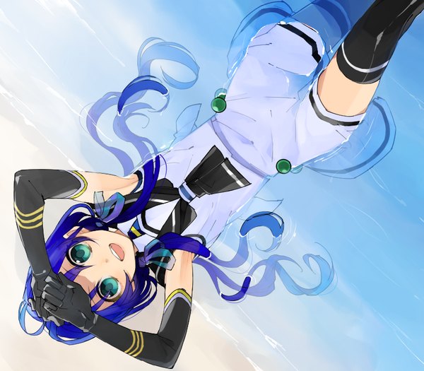 Anime picture 800x700 with kantai collection suzukaze destroyer hita (hitapita) single long hair looking at viewer open mouth twintails green eyes blue hair ahoge lying from above armpit (armpits) partially submerged low twintails upside down afloat girl thighhighs
